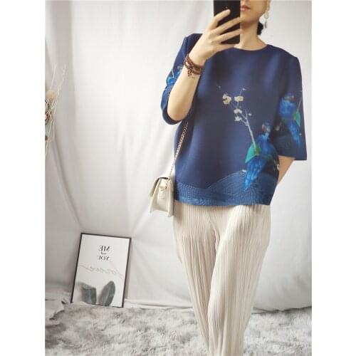 HOT SELLING Fashion fold style o-neck Chinese style palace retro fashion flower and bird print top T-shirt IN STOCK