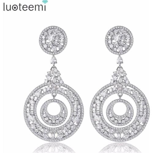 LUOTTEMI New Fashion Charm Big Hollow Circle CZ Zircon Gem Stone Dangle Earrings For Women Jewelry Brincos Bijoux