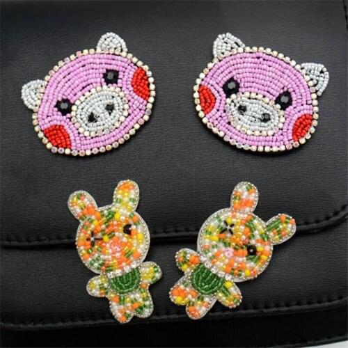 Maxsin 1 Pcs High Quality Hand-beaded rhinestone cartoon pig rabbit stickers Hand-sewn Garment decoration patch DIY