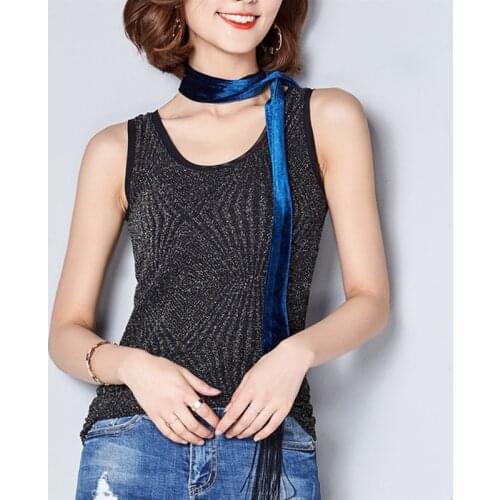 Women Sequin Sleeveless Sexy Tank Tops Summer Fitness Elegant Casual Blouse Shirts Camis Plain Black Silver Halter Female Vest