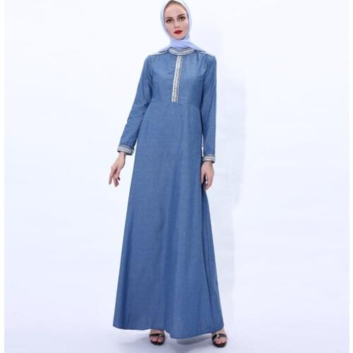 Muslim Abaya Denim Kaftan Dubai Islamic Maxi Dress Arab Robe Women Long Jilbab Caftan Islam Cocktail Gown Turkish Abayas Ramadan