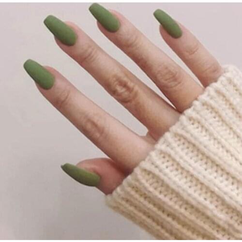 Fake Nails Long Frosted Green Wearable Nail Stickers Finished Nails 24 Art Nail Stickers With Glue DL