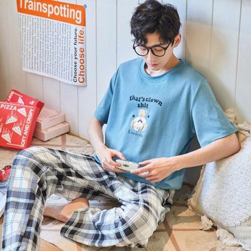 Young Men Pajamas for Summer Soft Breathable Cotton Home Clothing Sets Pullover Plaid Bottoms Casual Youth Teenagers Lounge Wear