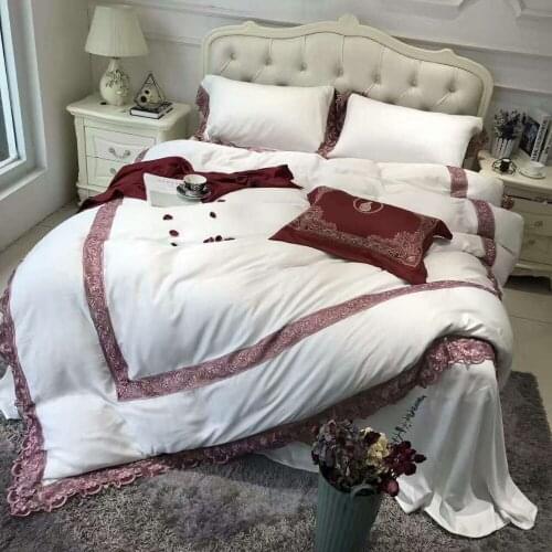 Luxury 4pcs 120S White Purple Lace Egyptian cotton Royal Bedding set Queen King Wedding Duvet cover Bed sheet set Pillowcase