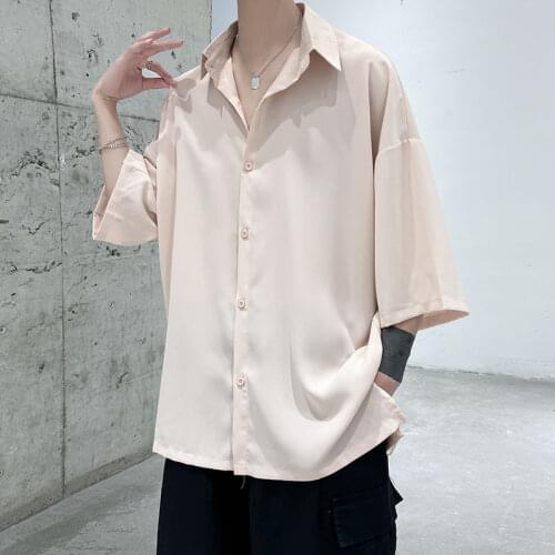 Short sleeve Solid Shirts Tops for Men Casual Loose Shirt Streetwear Loose Summer Male Lothes Thin 7-point Sleeve Coat Tide