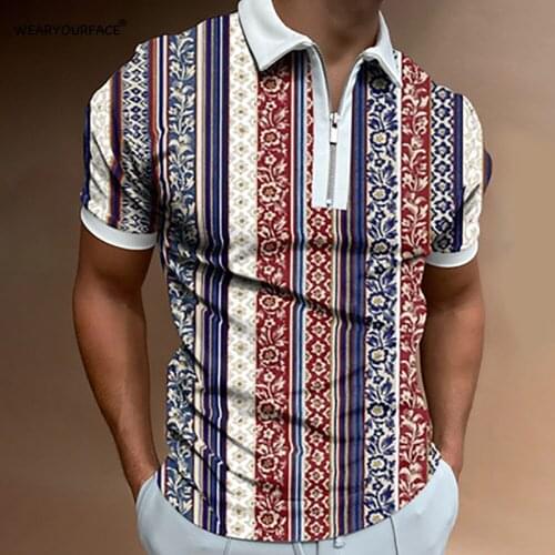 Flowers Stripe 3D All Over Print Zipper Polo Shirt Short Sleeve Hipster Streetwear Vocation Casual Men Unisex Oversize Clothes