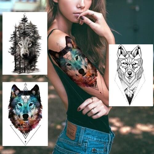 Sexy Blue Triangle Wolf Temporary Tattoos For Women Men Tribal Forest Werewolf Tatoos Adults Body Art Henna Fake Tattoo Stickers