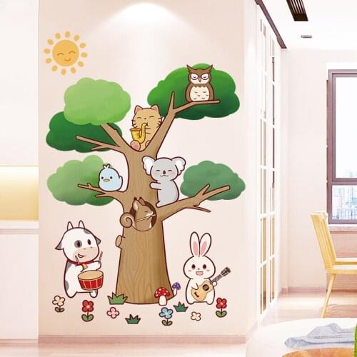 [shijuekongjian] Cow Rabbit Animals Wall Stickers DIY Tree Plants Wall Decals for Kids Rooms Baby Bedroom House Decoration