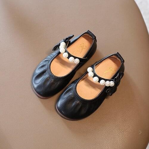 Autumn Girls New Bow Princess Pearl Shoes 2021 Kids Bow Leather Shoes Kids soft Casual Single Shoes G240
