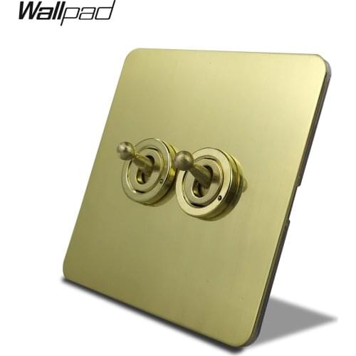 Wallpad H6 Satin Gold 2 Gang Toggle Switch Electric Light Switch 2 Way Brushed Brass Color Stainless Steel Panel