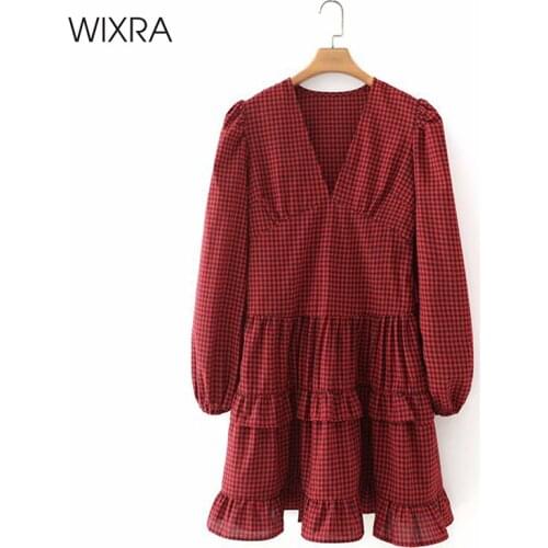 Wixra Red Plaid Dresses Womens Sweet Ruffles Chic Casual Short Clothing Loose Ladies 2021 Spring Autumn