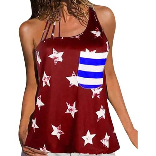 Womens Casual Independence Day Cold Shoulder T Shirt V Neck Tops With Pocket Sexy Sleeveless Camisole Tshirt Tunic Bluose