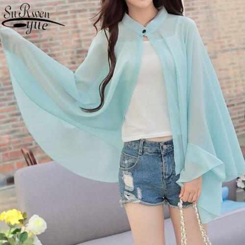 Women Chiffon Blouse Summer Sun Protection Tops Batwing Sleeve Loose Long Shirts Womens Beach Wear Open Stitch Cardigan 14694
