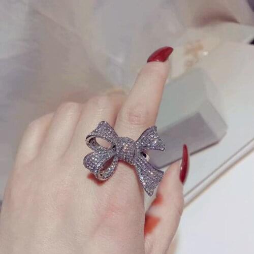 2021 Korean New Exaggerated Luxury Crystal Zircon Bowknot Big Ring For Women Girl Wedding Party Jewelry Fashion Forefinger Rings