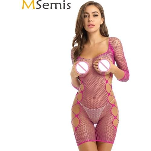 Womens Hollow Out Sheer Fishnet Bodycon Dress Erotic Babydoll Chemise Lingerie Off Shoulder Long Sleeves Mini Bodystocking Dress