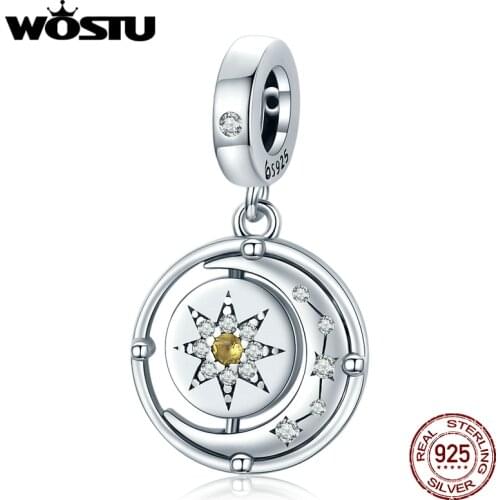 WOSTU 925 Sterling Silver Charm Moon & Star Bead Pendant Fit Original Bracelet Necklace For Women Jewelry CTC477