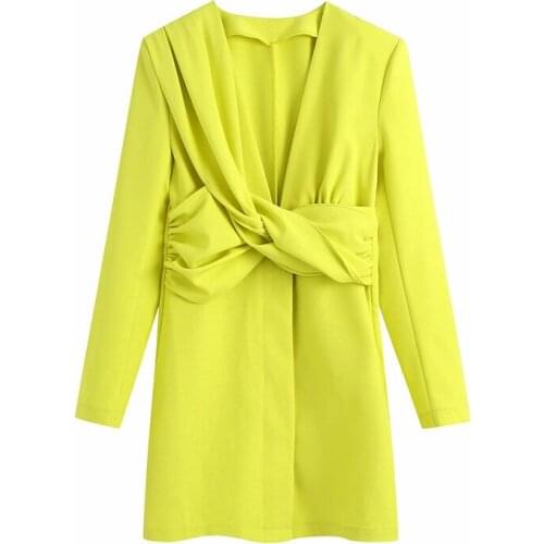 Evfer Chic Lady Stylish Cross Knotted High Waist Nice Za Yellow Mini Dresses Women Fashion VNeck Long Sleeve Summer Blazer Dress