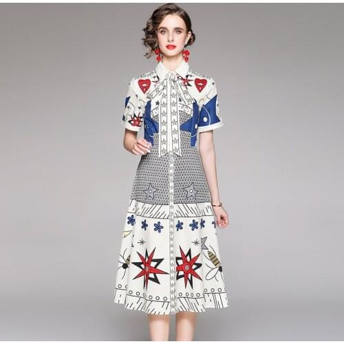 Fashion Runway Cartoon Print A Line Shirt Dress 2021 Summer Women Single Breasted Buttons Bow Lace Up Cute Vestidos k526