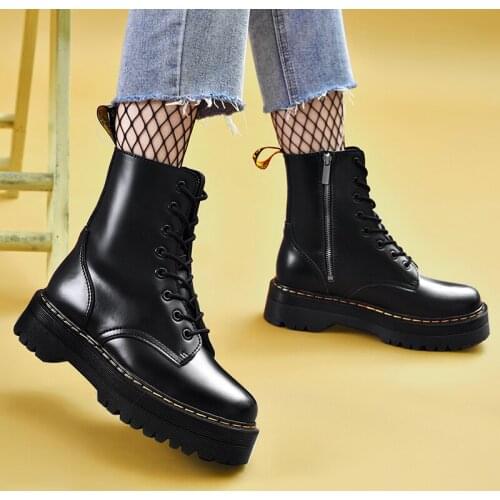 Winter Womens Boots Genuine Leather Fur Warm Ankle Boots Thick Heel Platform Martens Boots Women Motorcycle Shoes Booties