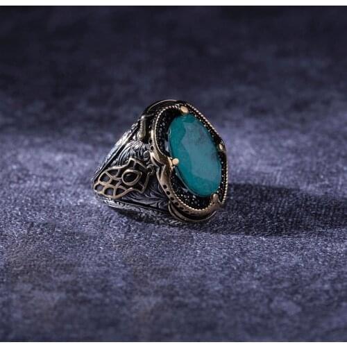 Turquoise 925 Sterling Silver Engraved Special Craftmanship Traditional Handmade Turkish Signet Ring Jewelry Gift for Women Men
