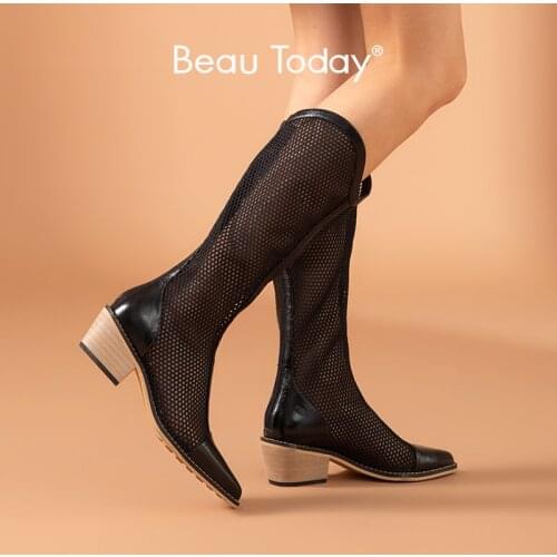 BeauToday Long Boots Summer Women Mesh Leather Knee High Boots Pointed Toe Back Zip Hollow Hoof Heel Ladies Shoes Handmade 07506