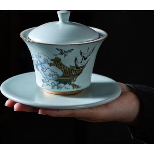 Days Celadon Glaze Ru Ware rui he Tureen Japanese Large Ceramic Tea Bowl Cup Ru-Porcelain Gaiwan Tureen Gracked Supportable