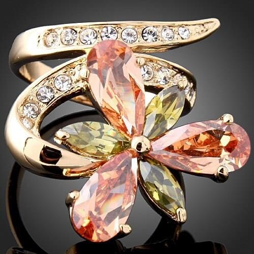 825 sale Gold Color Flower Design With Cubic Zirconia & Rhinestones Lead & Nickel Free Green Environmental Ring For Women