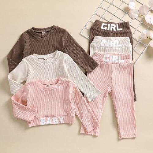 Lioraitiin 0-4years Toddler Baby Girl 2Pcs Fashion Clothing Set Letter Printed Short Top Long Solid Pants 3Colors Outfit