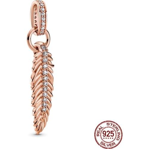 Genuine 925 Sterling Silver Rose Gold Leaf Pendant Fit Original 3mm Bracelet&Bangle Making Fashion DIY Jewelry For Women