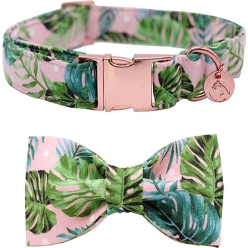 Green Leaf Dog Collar and Leash Set with Bow Tie Personal Custom Adjustable Pet Puppy 100% Cotton Dog Birthday Gift