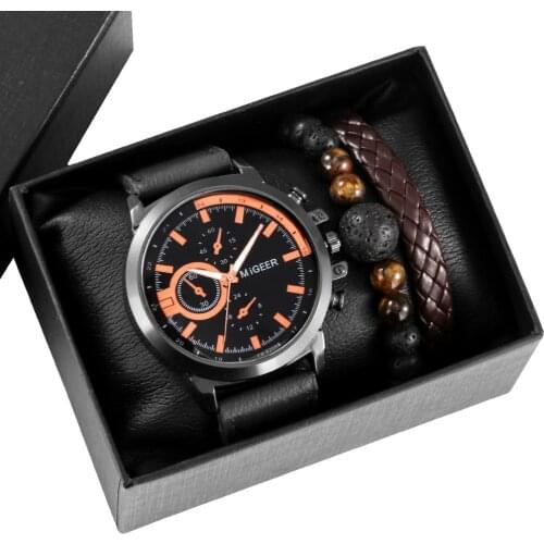 Gift Set for Men Brown Quartz Leather Watch Simple Dial Clock Pin Buckle Adjustable Man Bracelet Chain Best Gifts for Boyfriend