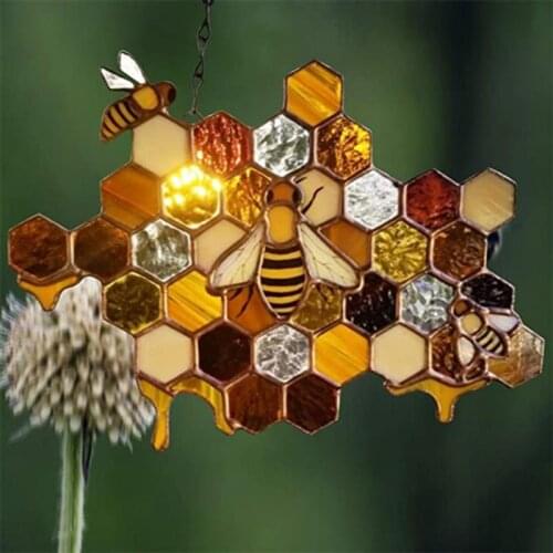 Bee Honeycomb Window Wind Chimes Hanging Suncatcher Ornament Bumblebee Art Decoration for Home Garden Patio Balcony