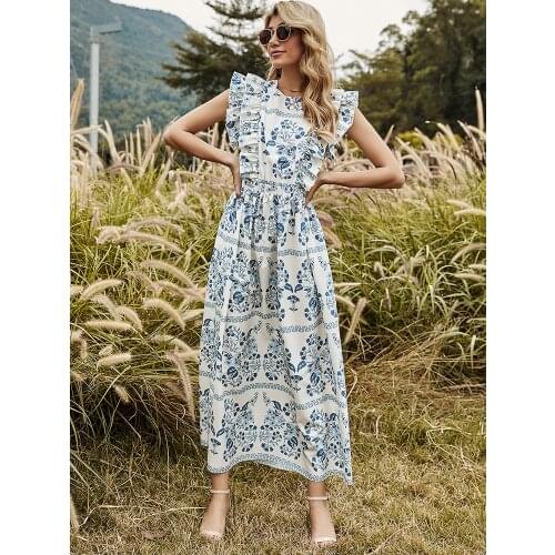 Backless Temperament Printed Dress Womens 2021 New A-line Fashion Loose Casual Summer Empire Oversized High Quality Holiday