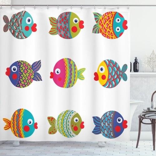Fish Shower Curtain Set Colorful Funny Faced Aquatic Animals Curtain for Bathroom Decor 12 Hooks Decorative Bath Accessory