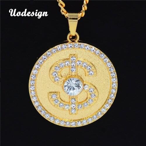 Uodesign HIP Hop Round Crystal US Dollar Money Necklaces & Pendant Gold Color Chain Necklace For Men Jewelry