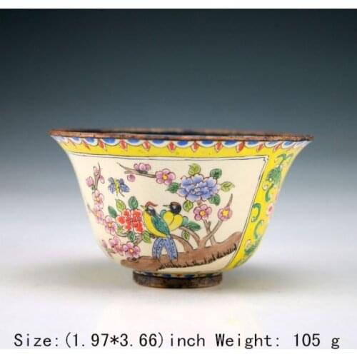 Oriental ancient bowl of handmade enamel painting of flowers and birds