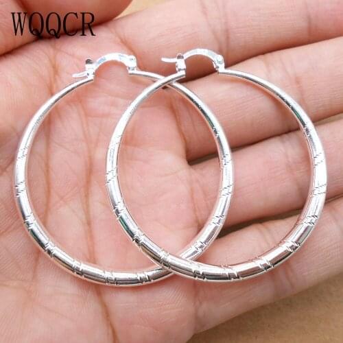 WQQCR New 925 Jewelry Silver Plated 48X48MM Engraved Round Hoop Earrings Ladies Fashion Silver Large Hoop Earrings Jewelry