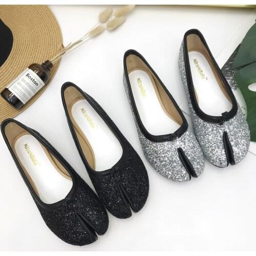 2020 Bling Glitter split toe shoes women bowknot riband flats woman espadrilles slip on loafers mules tabi ninia shoes moccasins