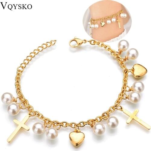 Women New Cross Pearl Heart Charms Bracelet Bohemia Gold Color Stainless Steel Link Chain Bracelets Fashion Christian Jewelry