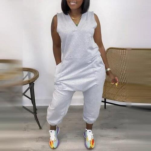 Plus Size 2021 New Summer Womens Sexy Solid V Neck Sleeveless Outwear Casual Pocket Design Jumpsuit Going Out Overalls