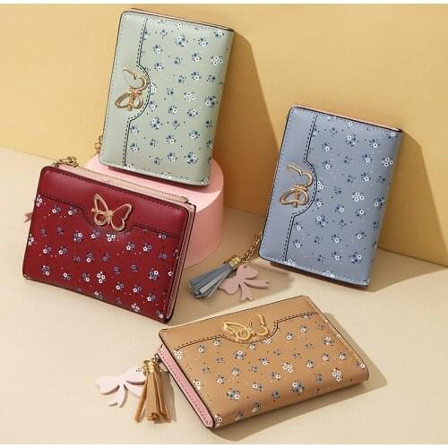 Pu Leather Womens Short Wallet Fashion Folded Bow Tassel Coin Purse Zipper Hasp Card Holder Ladies Printing Clutch Dropshipping