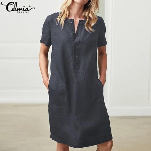 Womens Sundress Summer Linen Dress 2021 Celmia Tunic Top Short Sleeve Shirt Button Female Vintage Casual Sarafans Vestidos