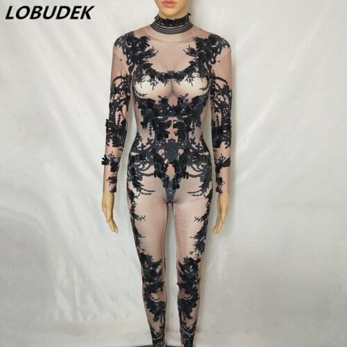 Women Dance Team Pole Dancing Costume Sexy Stretch Black Sequins 3D Printing Jumpsuit Long Sleeve Leotard Stage Wear Bar Tights