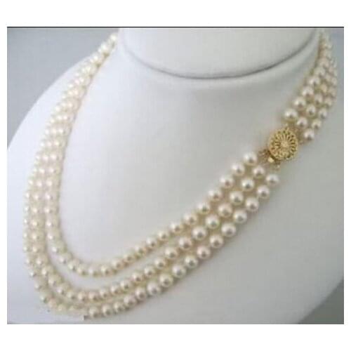3 Rows 7-8mm White Akoya Cultured Pearls Necklace 17-19"