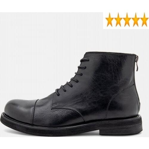 England Men Style Tooling Genuine Leather Lace Up High-Top Round Toe Natural Cowhide Non-slip Male Ankle Boots