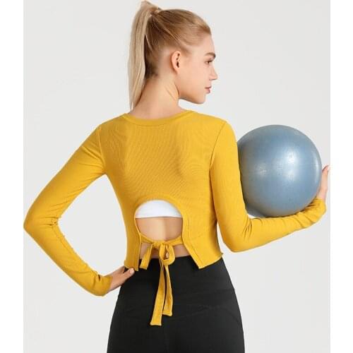 Hollow Lace-up Tight Yoga Shirt Women Training Elastic Full Sleeve Sports Short Top Yellow White Black Fitness