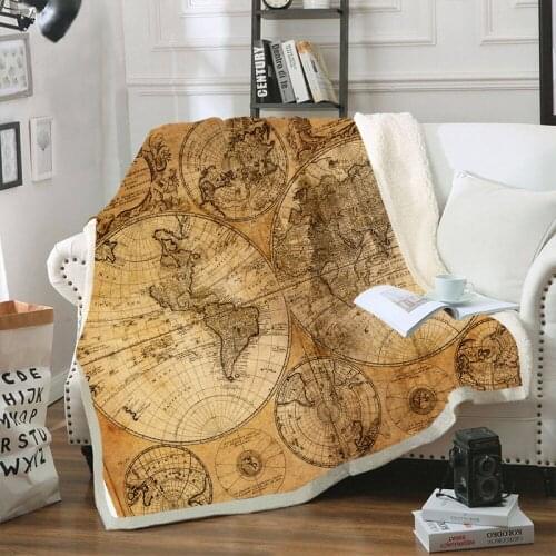 Retro World Map Velvet Plush Throw Blankets For Kid Adults Sherpa Fleece Yellow Blanket For Beds Sofa Thin Quilts Home Decor