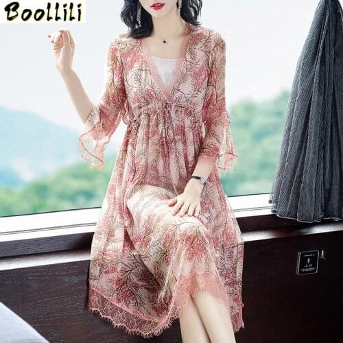 Boollili Summer Dress Women Real Silk Party Dress Elegant Midi Dress Women Clothes Ladies Floral Lace Dresses Robe Femme