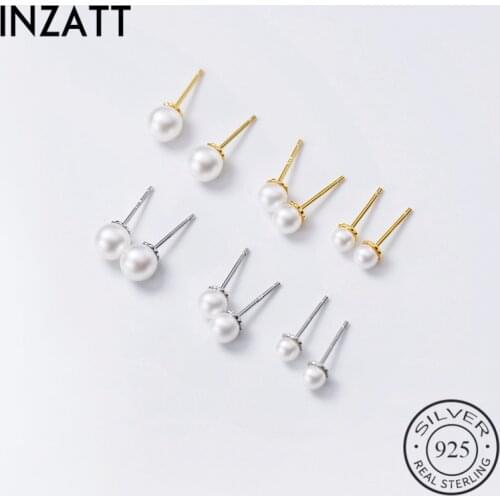 INZATT Real 925 Sterling Silver Pearl Series Zircon Stud Earrings For Fashion Women Geometric Round Fine Jewelry Accessories