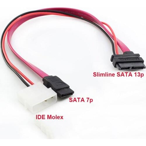 50CM Slimline SATA 13pin to SATA 7pin + IDE 2pin Molex Power Adapter Cable for Laptop CD-ROM Drive Connect Desktop PC